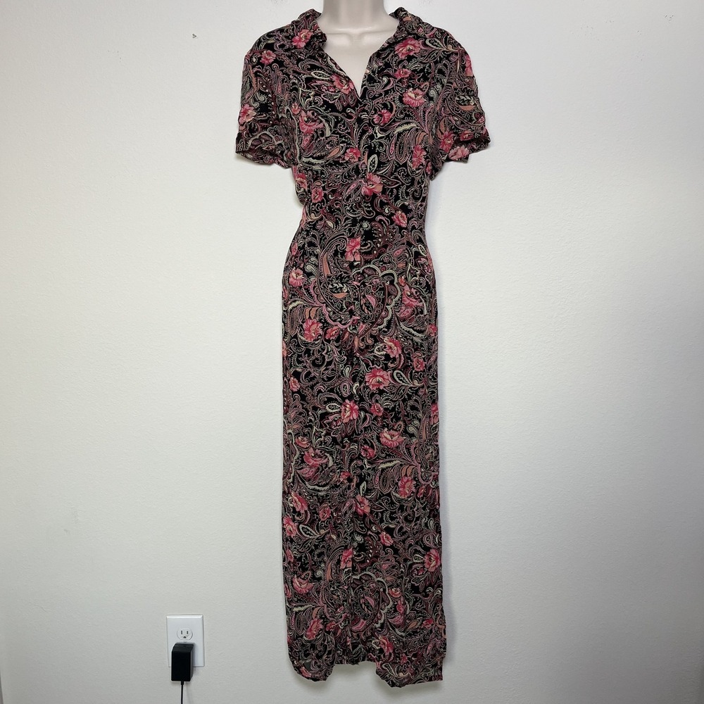 VTG 90s Women Whimsigoth Maxi Dress Grunge Moody Floral Button Front Black